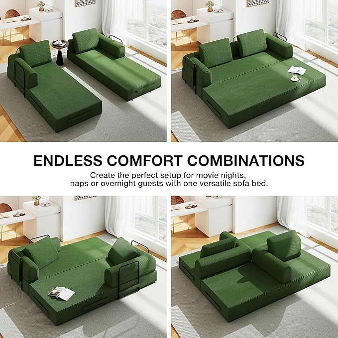 Convertible Sofa Bed 5-in-1 Pull-Out Futon Boneless Couch for Living Room &amp Guest Room Corduroy Sleeper Sofa with Steel Support Brackets 78.7 3-Seater with 2 Pillows (Jade)