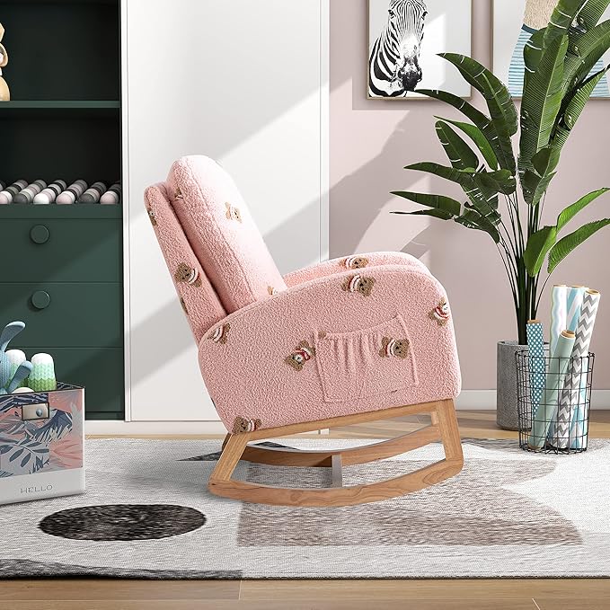 Nursery Chair 26.8 W Modern Rocking Chair for Nursery Mid Century Accent Rocker Armchair with Side Pocket Upholstered High Back Wooden Rocking Chair (Pink Boucle)