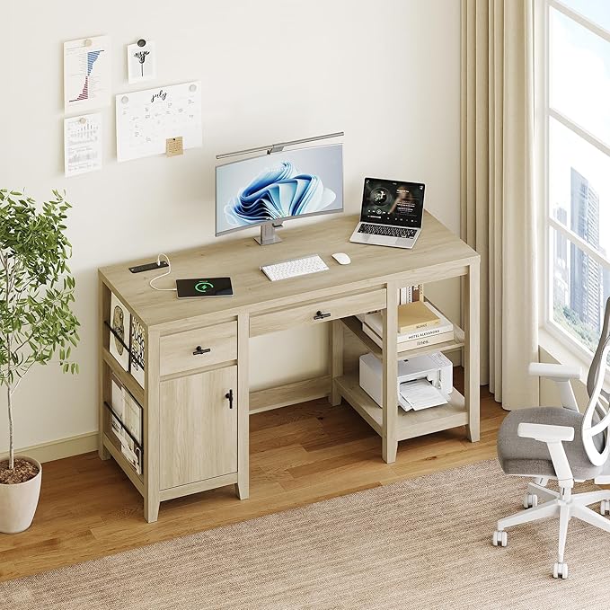 58 Office Desk with Drawers Charge Station and Foldable Keyboard Tray Farmhouse Wooden Home Computer Desk with Storage Cabinet and 3 Magazine Rack for Home Office and Study Natural Birch