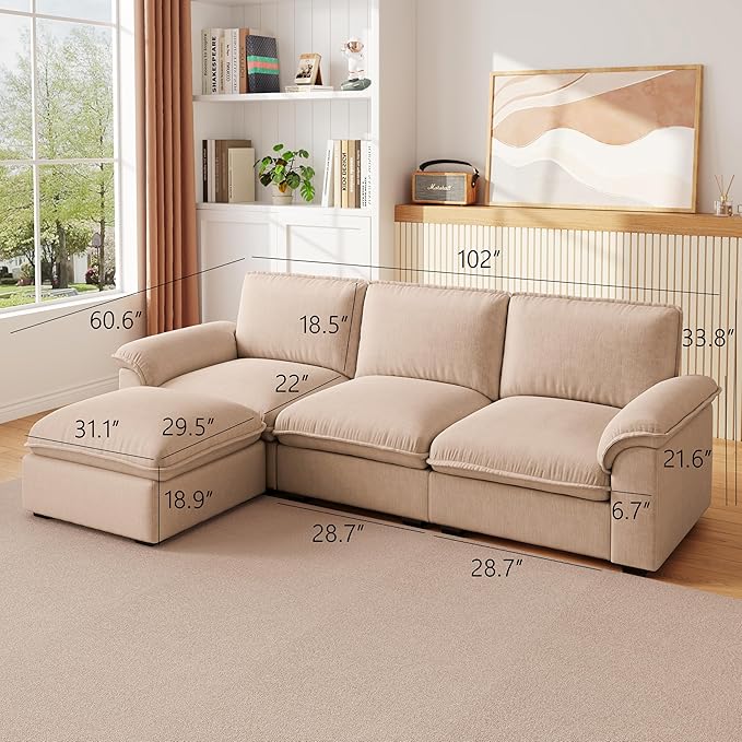 KEIKI 102 3Seat Modular Sectional Velvet Sofa Couch with Chaise Memory Foam for Living Room Small Space Style Conscious Homeowners Warm Inviting Comfy Supportive Rest Space Premium Design Coffee