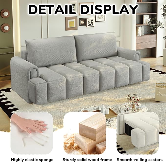 90 Comfy 4-Seater Modern Teddy Sofa with Seats Storage King Size 3-in-1 Convertible Sleeper Sofa Bed for Living Room (Grey)