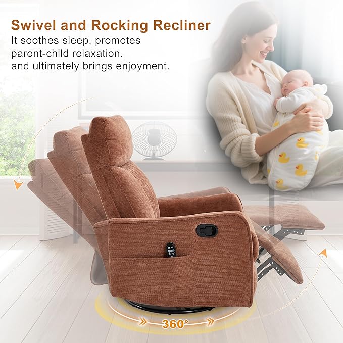 Manual Swivel Rocker Recliner Chair for Adults Overstuffed Nursery Glider Recliner with Vibration Massage and Lumbar Heat Living Room Reclining Chair Fabric Orange
