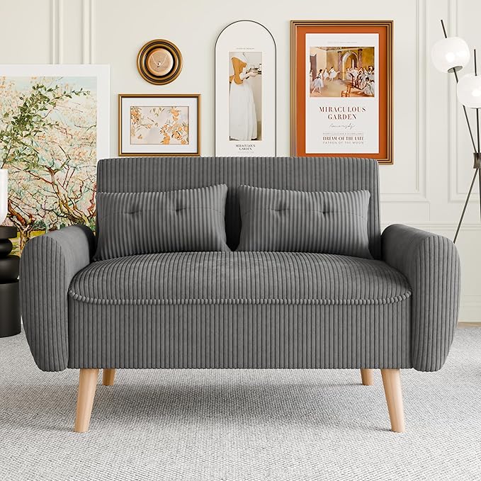 Vongrasig 48 Small Modern Loveseat Sofa Mid Century Soft Corduroy Fabric 2-Seat Sofa Couch Tufted Love Seat with Back Cushions and Tapered Legs for Living Room Bedroom and Small Space (Dark Gray)