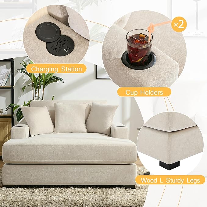 Oversized Chenille Fabric Chaise Lounge Chair Indoor 55 Oversized Chaise Lounger Modern Style Sofa Couch with Pillows Charge Station &amp Cup Holders for Living Room Office (Cream 55)