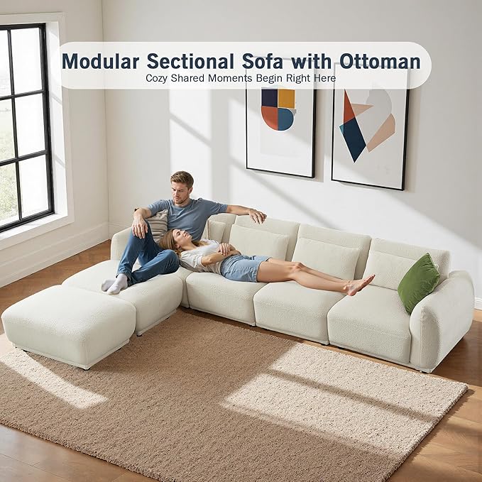 Sectional Sofa Couch Modern U Shaped Sectional Couch with Ottoman Modular Sectional Sofa Cloud Couches for Living Room (Beige 4 Set + 2 Ottoman)