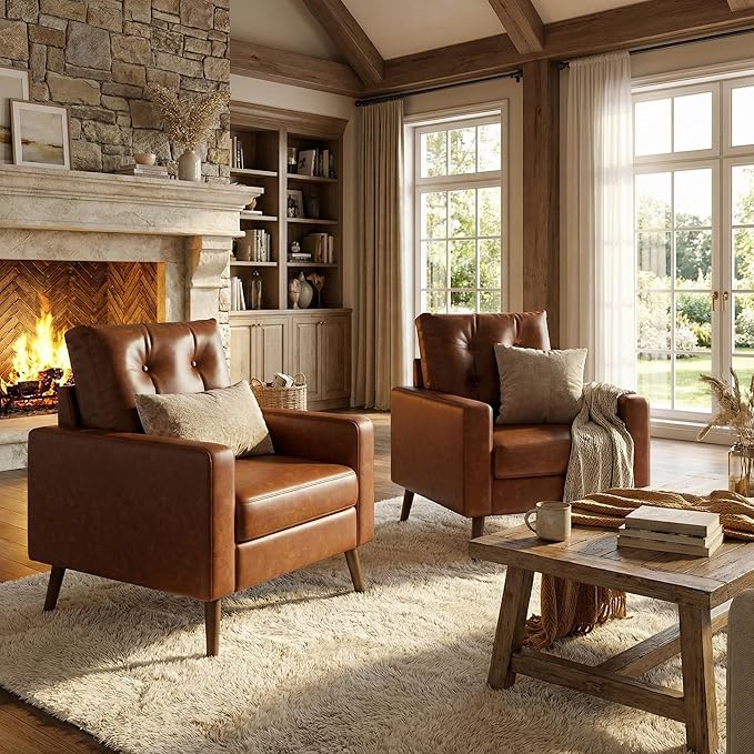 HNY Set of 2 Mid Century Modern Armchair Button Tufted Faux Leather Accent Chair with Arm Upholstered Club Chair for Living Room Bedroom Rubber Wood Legs Caramel 29.1D x 32.3W x 33.1H Inch
