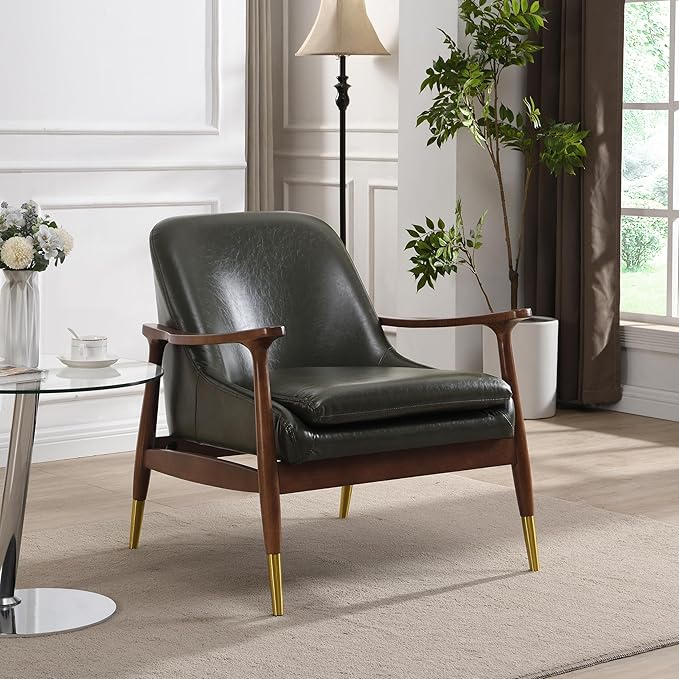 29.2'' Mid Century Faux Leather Accent Chair with Cushioned Seat Solid Wood e and Brass Tipped Legs Perfect for Living Room Bedroom or Office Lounge