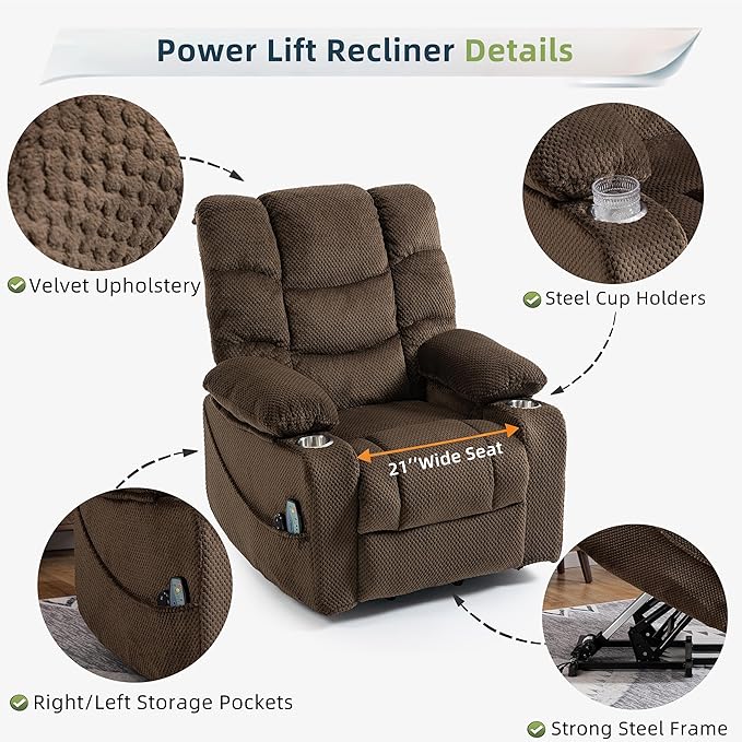 Power Lift Recliner Chair for Elderly Velvet Recliner with Massage and Heat Lazy Boy Power Recliner Lay Flat 160° Cup Holders for Living Room