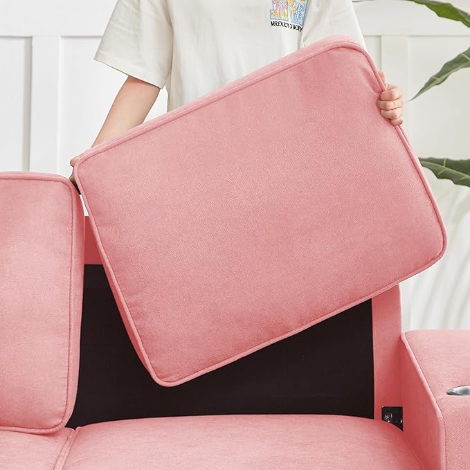 Ball &amp Cast 84 Snowfleece Sofa - Modern 3-Seater Sleeper Couch with 2 CupholdersCouches for Living Room Bedroom Office Apartment Easy Assembly Pink