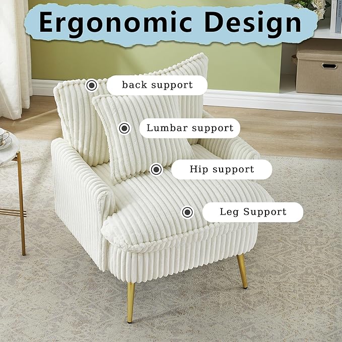 30 Beige Accent Chair Corduroy Accent Armchair with Soft Pillow &amp Gold Legs Comfy Upholstered Arm Chairs for Samll Space Living Room Bedroom 300 LBS Capacity (Beige)