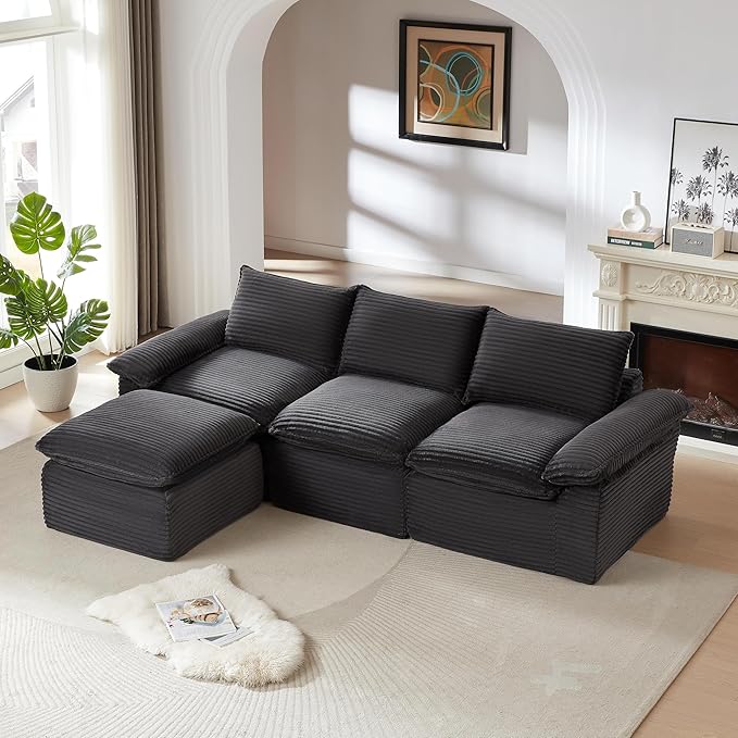 DEINPPA L Shape Modular Couch with Ottoman 4 Seat Cloud Sofa with Deep Seat for Living Room Apartment Corduroy Upholstered Comfy Couch-Dark Gray