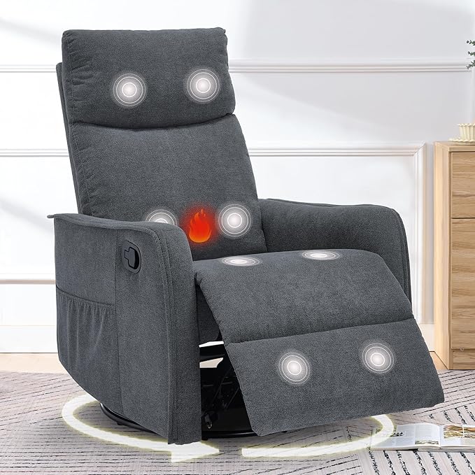 cinkehome Swivel Rocker Recliner Glider Rocker Recliner Chair for Nursery Manual Reclining Chair with Heated Massage Small Spaces Living Room Linen Dark Grey