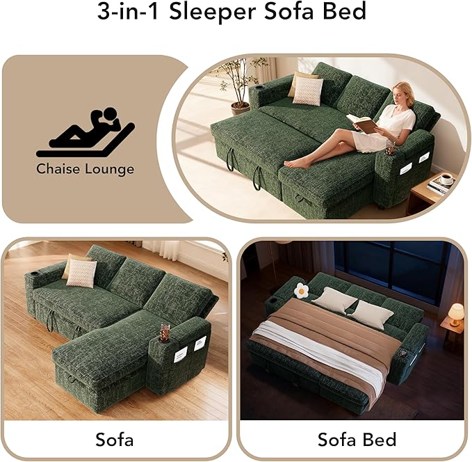 Sunny Heart L-Shaped Sleeper Sofa with Pull Out Bed 82 Sectional Couch with Reclining Backrest Reversible Storage Chaise Armrest Storage Cup Holders Side Pockets Tool-Free Assembly Green