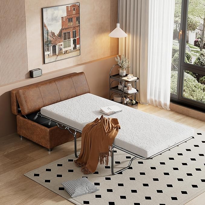 46 Ottoman Folding Bed Twin Size Convertible Ottoman Pull Out Bed with Memory Mattress Foldable Sofa Beds Dual Use Guest Sleeper Couch for Living Room Bedroom Guest Room RV (Brown+PU)