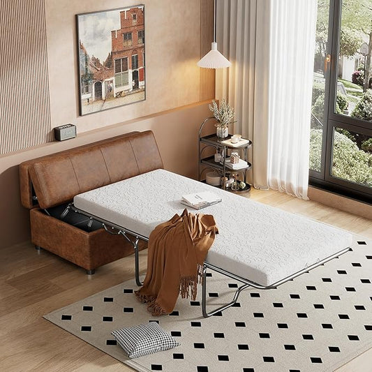 Folding Ottoman Sleeper Bed with Mattress Classical Style Convertible Guest Bed with Wood Legs and PU Fabric Convertible Chair into Sofa Pull Out Ottoman Sleeper Lounge Bed (Brown 9)