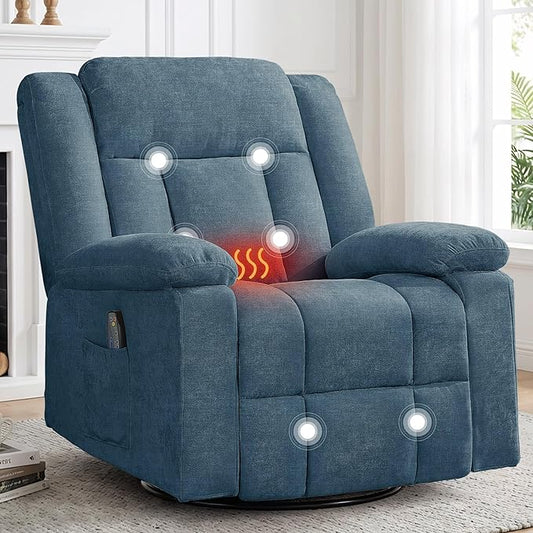 Rocker Recliner Chair for Adults 360° Swivel Rocker Recliner with Massage and Heating Nursery Rocking Chairs with Side Pockets Manual Reclining Chair for Living Room Bedroom or Nursery