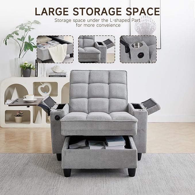 Modern Tufted Linen Fabric Chaise Lounge Sofa Chair with Rotating Side TableStoragePillowUSB Charging Ports and Adjustable Backrest Perfect for Living Room Small Spaces (12-Light Gray)