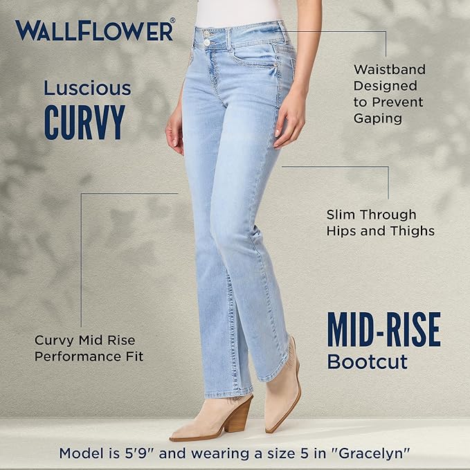 WallFlower Luscious Curvy Bootcut Jeans for Women Mid-Rise Insta Stretch Denim Size-Inclusive Juniors Jeans