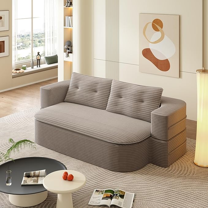 2 in 1 Convertible Folding Sofa Bed with Multi Functional BlanketCorduroy Loveseat Couch BedFull Size Floor Boneless Couches for Living Room Bedroom Small Spaces ApartmentCoffee