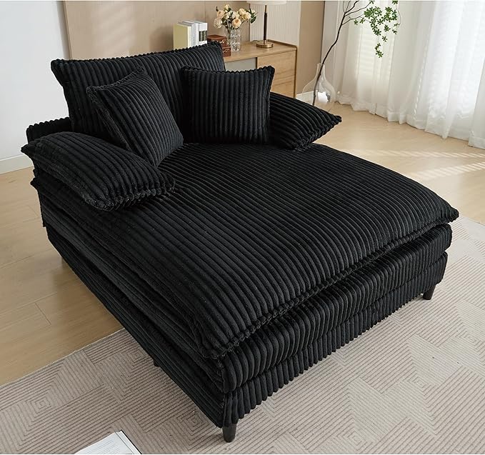 54.8 Oversized Chaise Lounge Chair Cozy Sleeper Sofabed Plush Corduroy Upholstered Cloud Lounge Sofa Daybed with Detachable Pillow Armrest and 4 Angles Adjustable Backrest