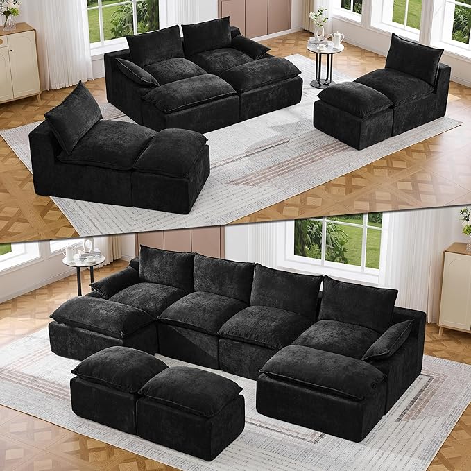 138 4 Seat Boneless Couch with Movable Ottoman Boneless Modular Sectional Sofa Deep Seat Modern Sleeper Sofa Bed for Living Room Cloud Modular Sectional Couch 4 Seat Chenille Chaise Lounge Black