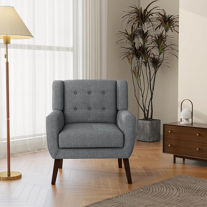 Accent Chair Mid-Century Modern Fabric Chairs with Arms for Living Room Comfy Upholstered Club Single Sofa Armchair for Bedroom Waiting Room with Solid Wood Frame (Fabric Grey Set of 2)
