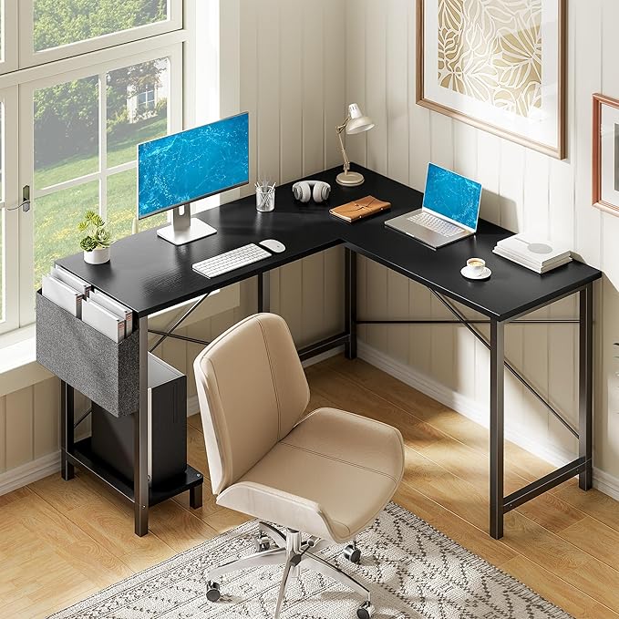 Alpen L Shaped Desk 50 Inch Computer Desk Gaming Table Corner Desk for Small Space Home Office Desk with CPU Stand and Side Storage Bag Sturdy Writing Workstation for Bedroom Black