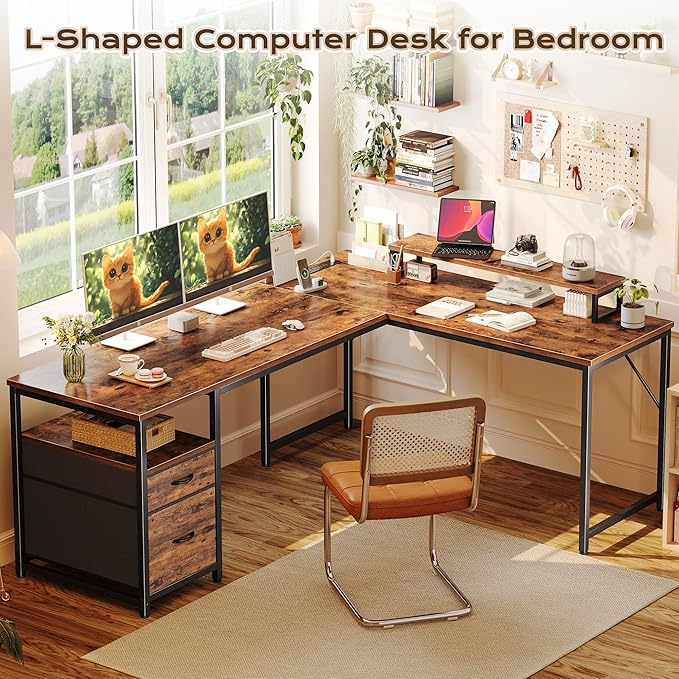 PRAISUN 63 Inch L Shaped Desk with Power Outlets and USB-C Port Computer Corner Home Office Desk with File Fabric Drawers and Movable Monitor Stand Larger Storage Gaming Writing Rustic Brown