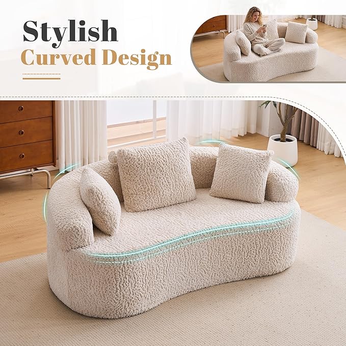 Premium Curved Loveseat Sofa Full-Compression 2-Seat Couch with Enhanced Back Support Modern Fabric Loveseat with Pillows Compact Luxury Sofa for Living Room or Apartment (Cream)