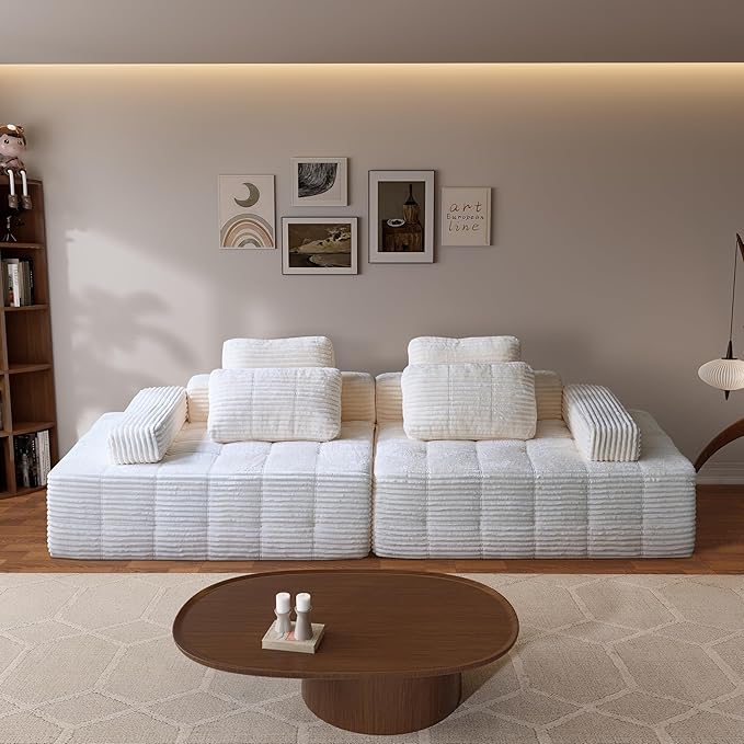 113 Modular Straight-Row Boneless Couch Memory Foam Floor Cloud Sofa with 2 Movable Armrests Plush Corduroy Sectional with Oversized Chaise for Living Room Apartment Lounge Beige