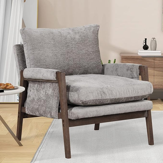 Modern Velvet Accent ChairMid-Century Leisure Chair with Solid Wood and Thick Seat Cushion Living Room Chair for Bedroom Studio Balcony or Club (Grey/Velvet)