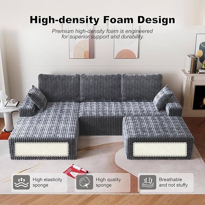 Modular Sectional Sofa 3-Seat L-Shaped Cloud Couch with Memory Foam Oversized Chaise for Living Room Breathable Fabric &amp Removable Cover
