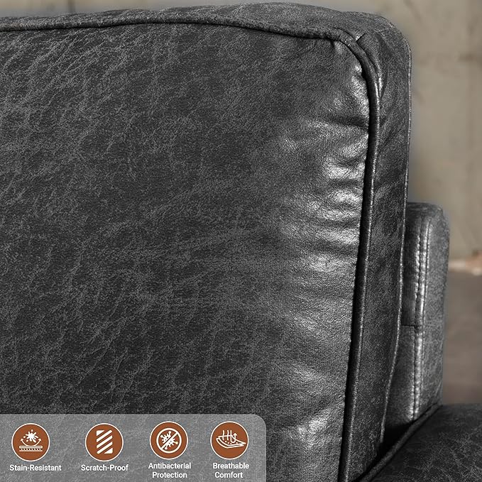 70 Loveseat Sofa Couch Mid-Century Vintage Couches 2 Seat Faux Leather with Solid Wood Frame Deep Seat 2 Pillows for Living Room Apartment Office Small Spaces Charcoal
