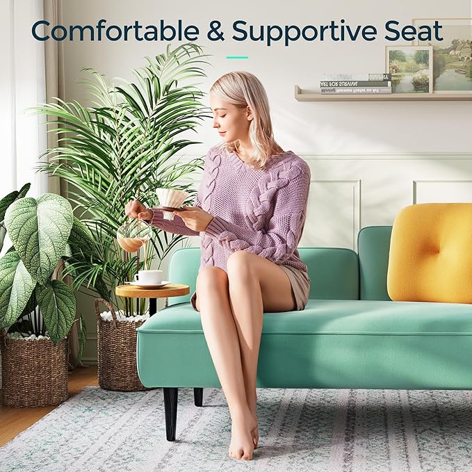 LINSY Small Loveseat Sofa Mid Century Modern Couch 2 Seater Loveseats for Small Spaces 57 Mini Couches for Bedroom Living Room Teal Linen Settee Couch with Removable Table and Pillow (Teal Left)