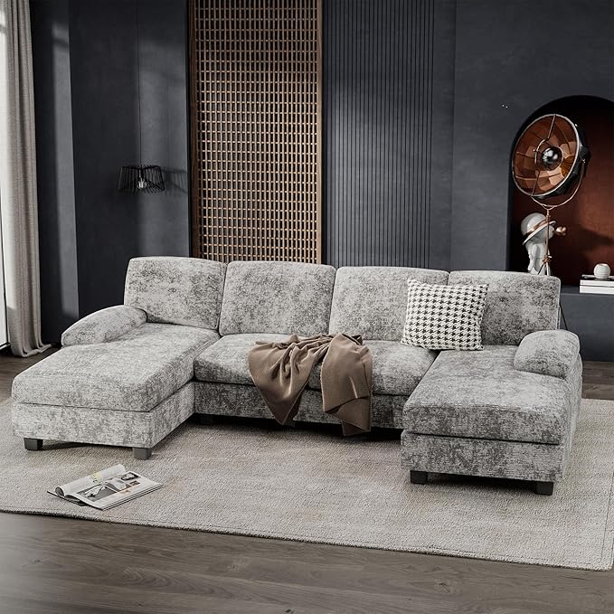 Furniwell Convertible Sectional Sofa Couch 4 Seat Sofa Set for Living Room U-Shaped Modern Fabric Modular Sofa Sleeper with Double Chaise &amp Memory Foam (Fabric Grey)