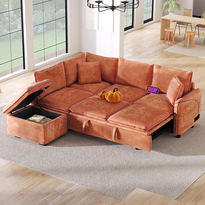 82.67 Convertible Sofa Bed Sectional Sofa Sleeper Chenille L-Shaped Sofa with Movable Storage Ottoman and 2 Pillows Pull-Out Sofa Bed Corner Couch for Living Room Office Apartment (Orange-CV)