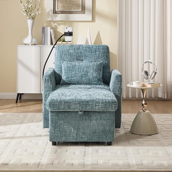Multifunctional Sofa Recliner Chairs with Storage Cell Phone Bracket Chenille Recliner Chair Bed with Side Pockets and High Backrest Modern Living Room Single Lounge Chair (Lake Blue)