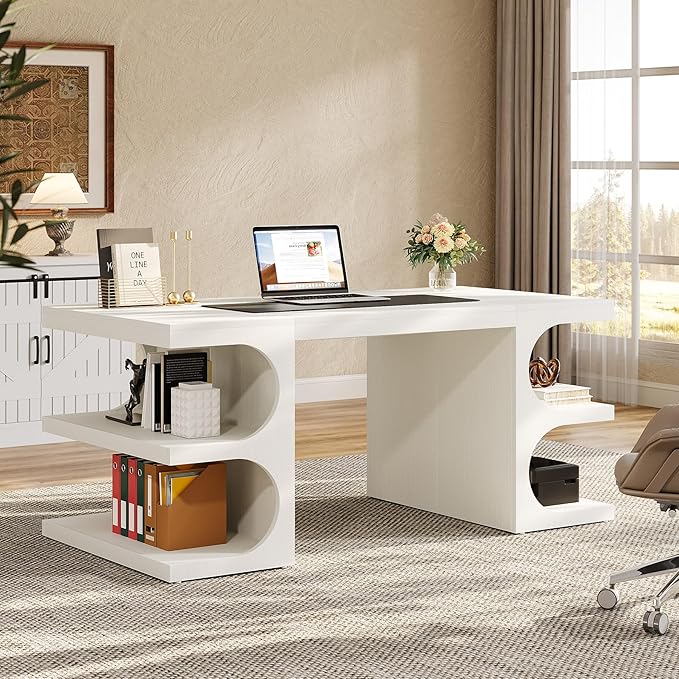 Tribesigns White Executive Office Desk 63 Computer Desk with Storage Shelves Modern Wood Study Writing Table Large Workstation Business Furniture for Home Office (Table Only)
