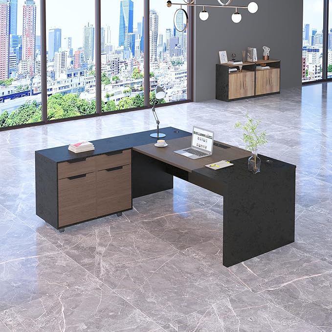 70.86 Inch L Shaped Executive Office Desk with 2 Drawers Large Office Desk with File Cabinet Modern Home Office Desk w/Moveable Stand Under Desk Storage Organizer with 4 Wheels