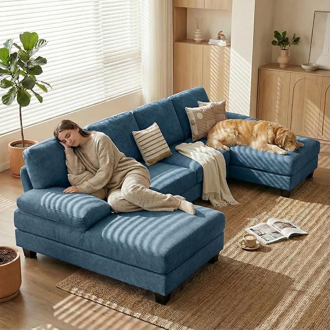 Homall Modular Sectional U Shaped Sofa Couches for Living Room Comfy Chenille 4 Seat Sofa Set with Removable Pillows Lounge Chaise Upholstered Couch for Apartment (Chenille Light Blue)