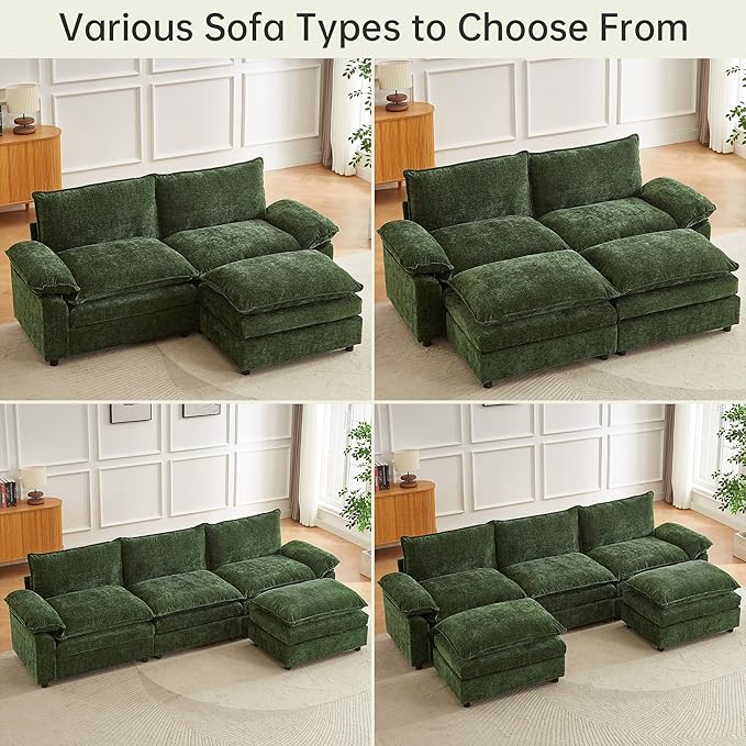 Modular Sectional Sofa 80.3 Inch U Shaped Couch Set with Armrests 3-Seater Comfy Cloud Boneless Couches with 2 Movable Ottomans for Living Room Apartment Dark Green