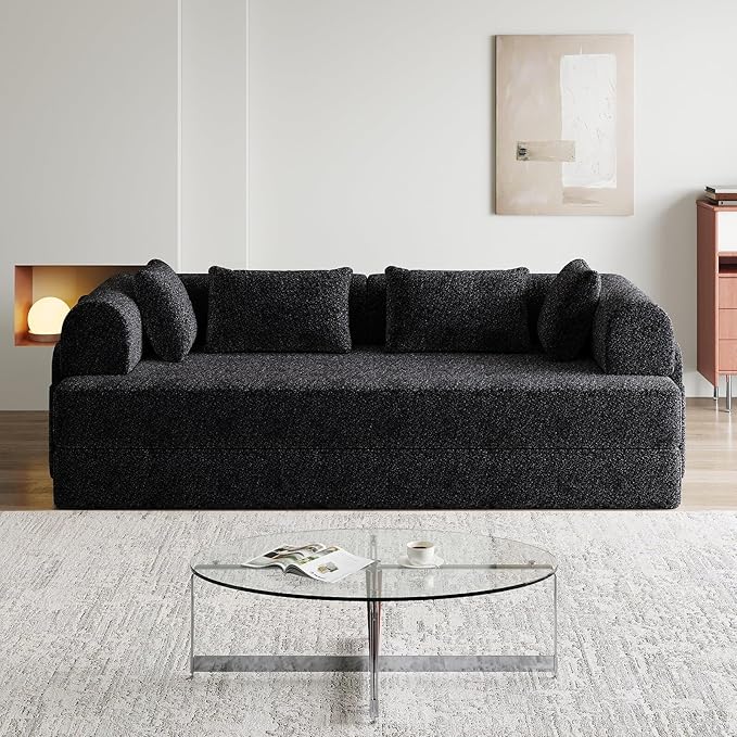 Convertible Floor Sofa Bed 79 Compression Sofa Foldable Sleeper Couch Bed Modular Sectional Couch Comfy Loveseat No Assembly Required for Living Room Guest Room Chenille Fabric Black