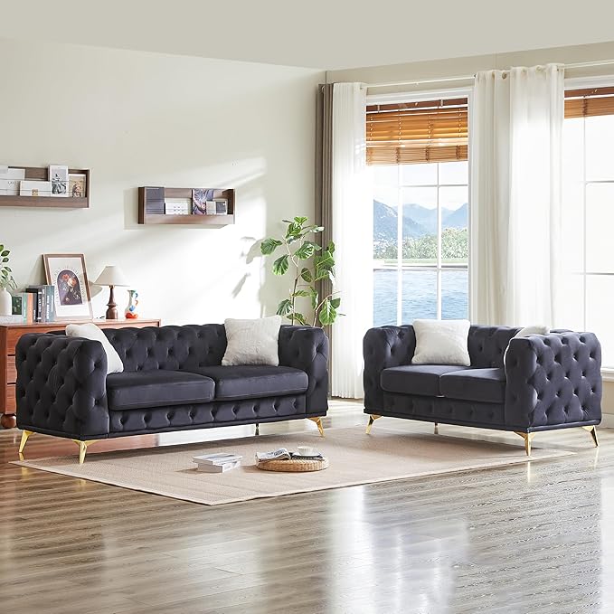 KEIKI 2-Piece Luxury Chesterfield Sofa Set with 1 Velvet 3-Seater Sofa &amp 1 Loveseat Sofa Mid-Century 5-Seater Tufted Button Couch Set with 4 Pillow &amp High-Density Foam Cushion for Living Roo