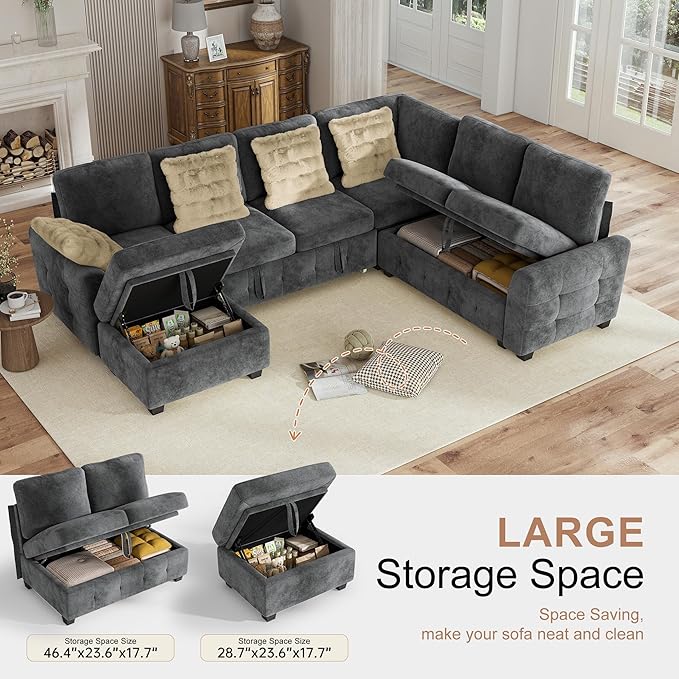 Hanherry Sectional Couch with Pull Out Sofa BedChenille Sleeper Sofa with Storage Ottoman &amp USB ChargingComfy L Shaped Modular Couches for Living RoomApartment