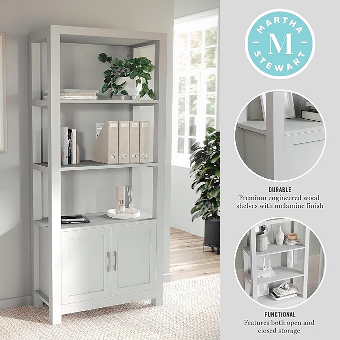 Martha Stewart Hutton Home Office Desk and Four Tier Bookcase Bundle in Gray with Brushed Nickel Hardware