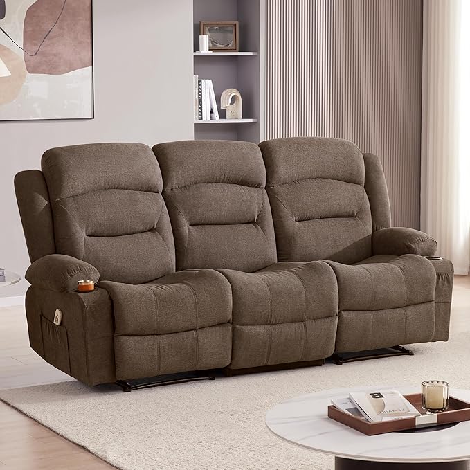 Oversized Recliner Sofa with Massage and Heat Large Big 3-Seater RV Recliner Couch Sofa for Living Room Wall-Hugger Reclining Sofa with Cup Holders and USB Port (Fabric Brown)