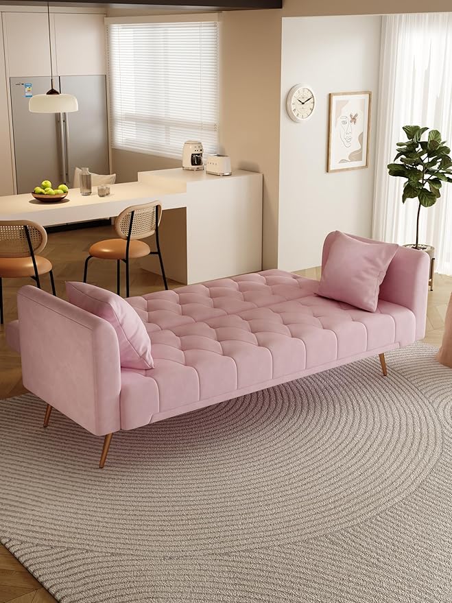 71 Convertible Velvet Futon Sofa Bed Loveseat with Multiple Adjustable BackrestsModern Sleeper Couch with Golden Metal Legs for Living RoomApartmentOfficePink