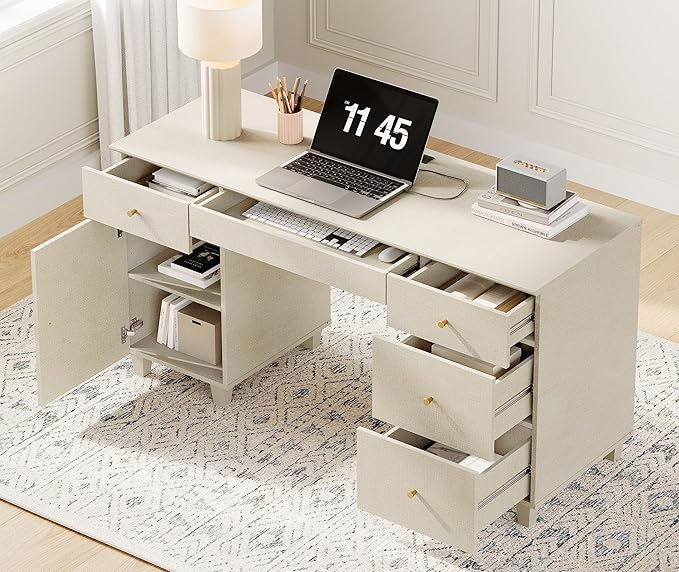 WAMPAT Desk with Drawers &amp Storage Cabinet 58 Inch Beige Wood Desk with Charging Station Modern Home Office Large Wooden Executive Computer Desk Vanity Desk for Bedroom