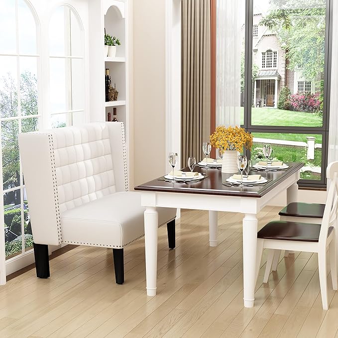 Tongli 46 Small Modern Loveseat Settee Sofa 2-Seat Sofa Couch Tufted Love Seat Dining Bench with Nail Head Trim Back Banquette Sofas for Living Room Small Space Entryway HallwayWhite