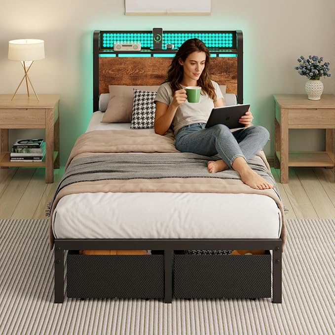 Furnulem Twin Bed Frame with 2 Storage Drawers &amp Charging Station Twin Platform Bed Frame with Headboard &amp LED Lights No Box Spring Needed All in One Easy to Install Noise Free (800 lbs C